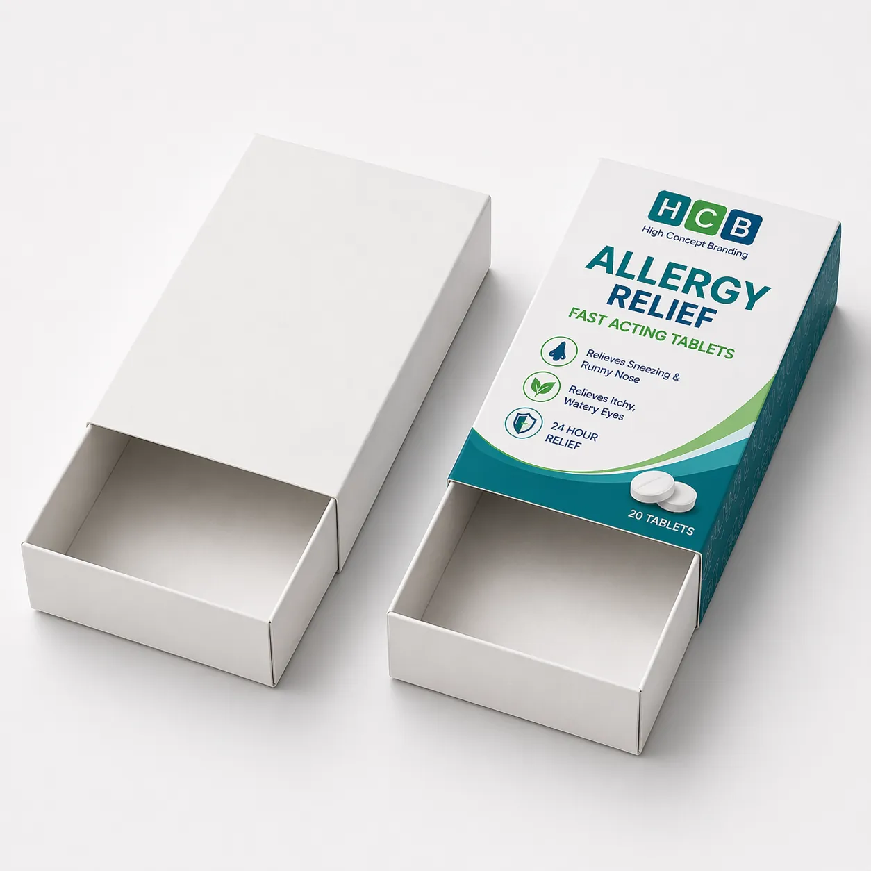 Two rectangular pharmaceutical boxes, one plain and one with elegant blue floral patterns and logos. class=